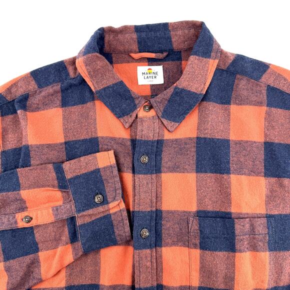 Marine Layer Shirt Mens Large Orange Plaid Buffalo Long Sleeve Button Up Casual - Picture 1 of 6